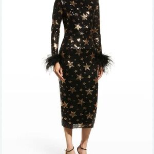 IIkyaz Ozel Veronique Black Sequin Star Midi Dress with REAL 💯Feather Cuffs